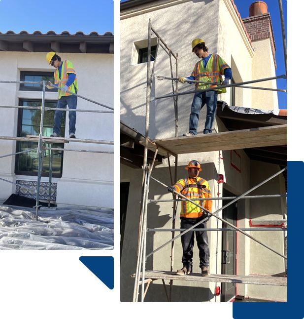 M.Z. crew on scaffold applying plaster to a stucco home